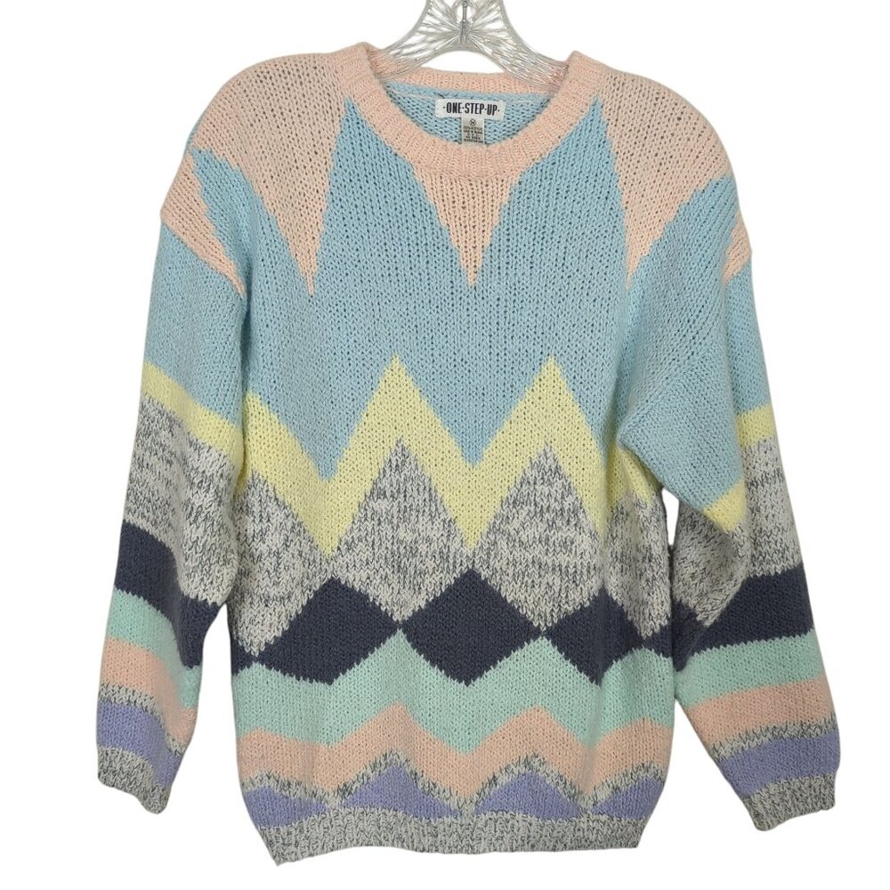 Vintage One Step Up Chevron Pattern Sweater Medium Acrylic‎ Knit